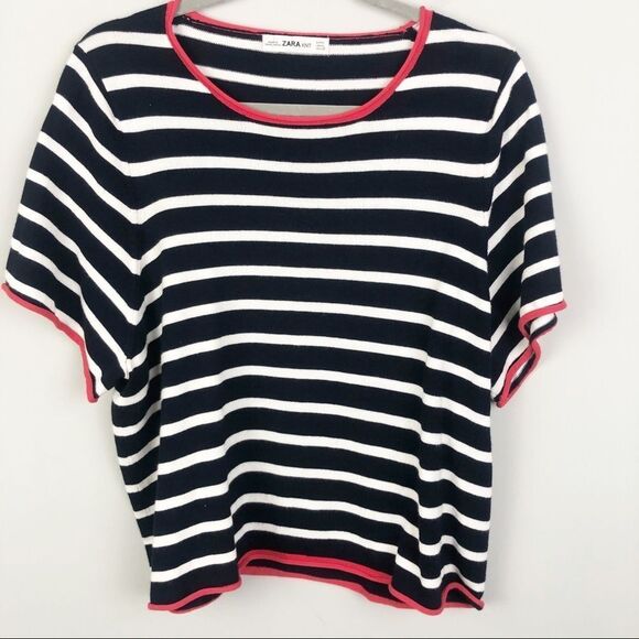 ZARA | Short Sleeve Sweater Top Navy Red White M - Picture 1 of 9